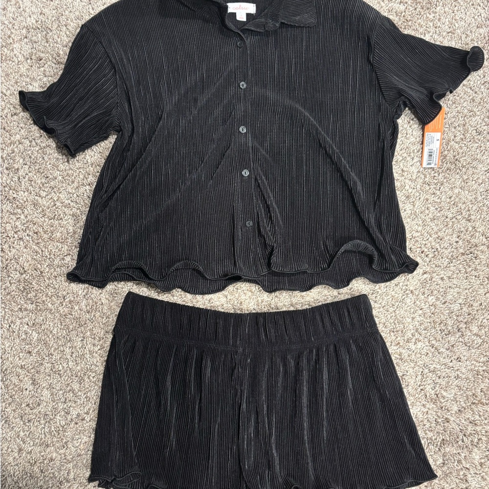 Black Ribbed Button-Up Top and Shorts Pajama Set
